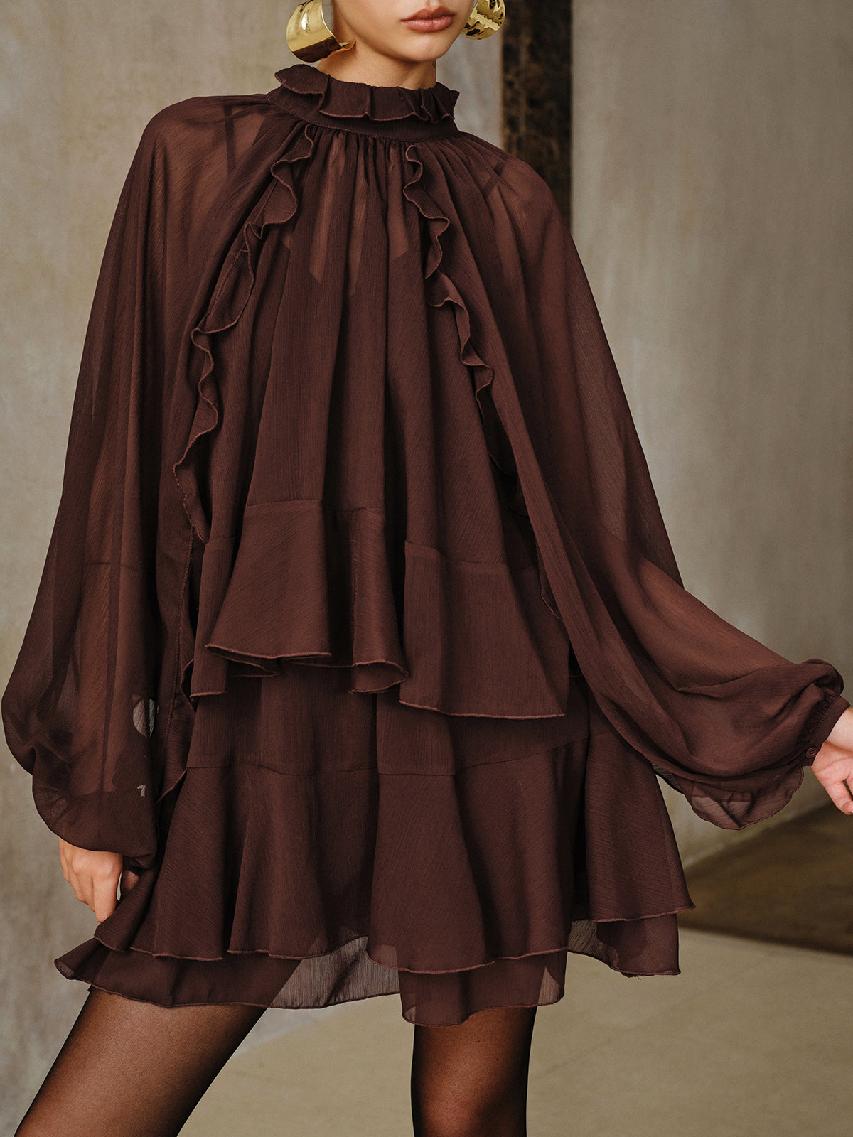 TIERED RUFFLE CHIFFON DRESS