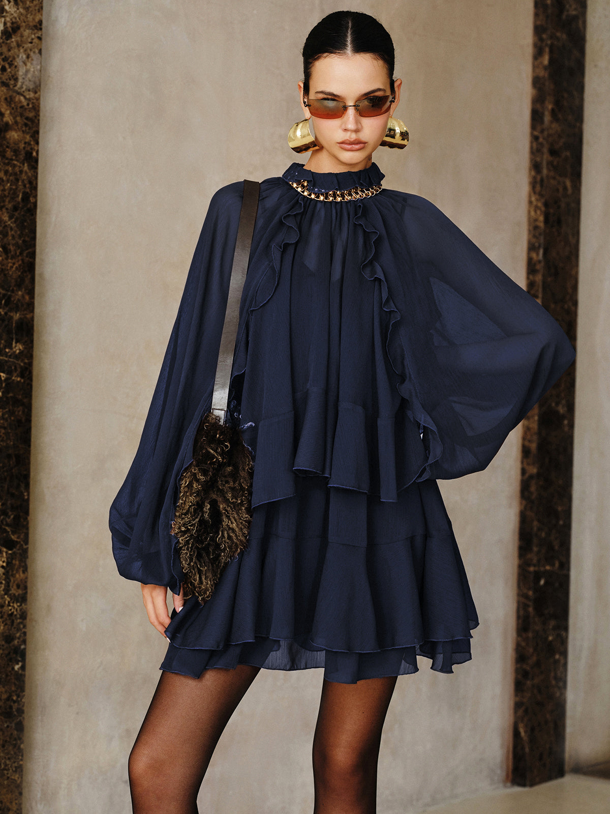 TIERED RUFFLE CHIFFON DRESS